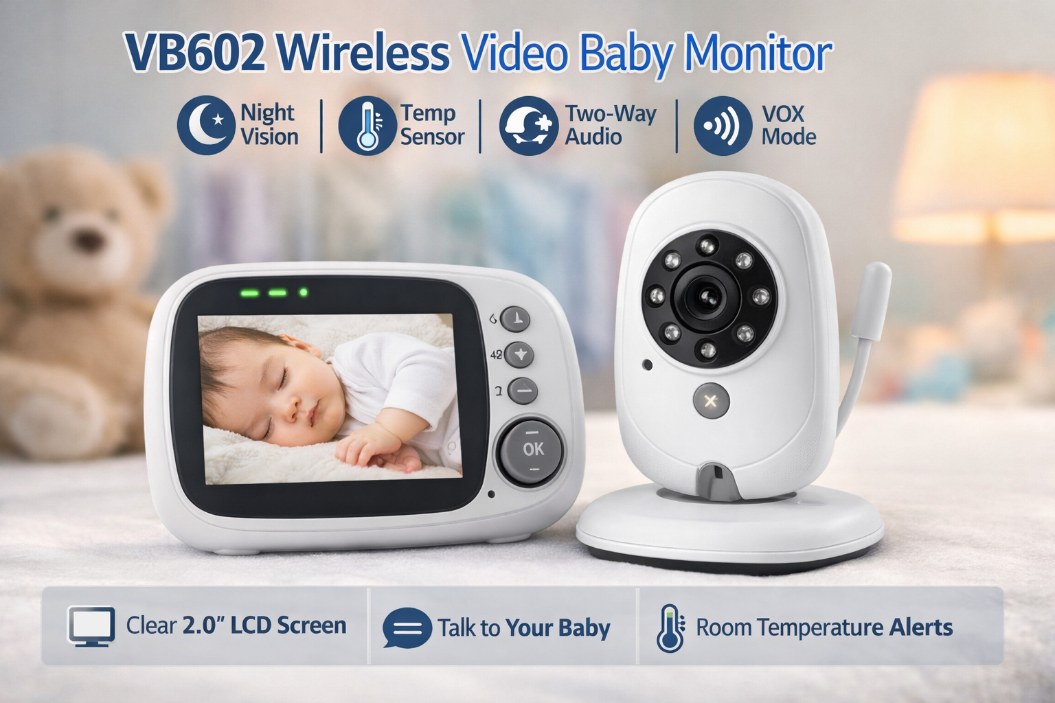 Baby Monitor VB602 IR Night Vision Temperature Monitor Lullabies Intercom VOX Mode Video Baby Camera Walkie Talkie Babysitter